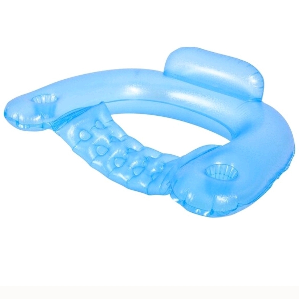 Water Lounger With Cupholders & Back Rest Inflatable Blue Pool Chair New In Box
